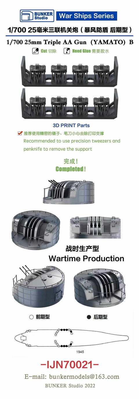 Bunker Studio IJN70021 1/700 YAMATO Type96 25mm Triple AA Guns B (Wartime Production)