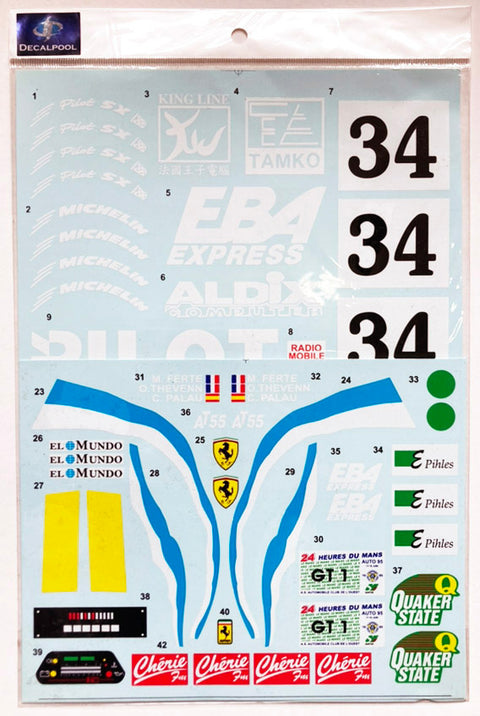 Decal Pool DP199 1/8 Ferrari F40 LM Pilot #34 LeMans '95 Decal for Pocher / Centauria / Hachette