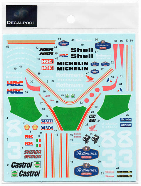 Decal Pool DP230A 1/12 Honda NSR250 Rothmans #3/8 L. Cadalora / D. Sarron WGP '91 w/ transkit rims