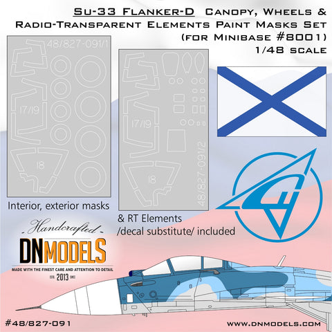 DN Models 48-827-091 1/48 Su-33 Flanker-D Canopy, Wheels and RT Elements Masks (for Minibase #8001)
