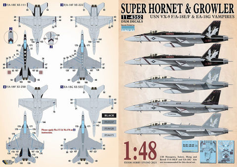 DXM 11-4352 1/48 US Navy F/A-18E/F & EA-18G VX-9 Vampires – Cartograf Decals (For Hasegawa, Meng Model, Italeri, and Revell)