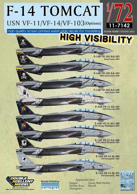 DXM 11-7142 1/72 US Navy F-14A/B Tomcat VF-11/VF-14/VF-103 High-Visibility Markings – Cartograf Decals (For Hasegawa, Fine Molds, Fujimi, Academy, Great Wall, Revell, Italeri, and HobbyBoss)