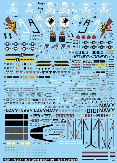 DXM 11-7142 1/72 US Navy F-14A/B Tomcat VF-11/VF-14/VF-103 High-Visibility Markings – Cartograf Decals (For Hasegawa, Fine Molds, Fujimi, Academy, Great Wall, Revell, Italeri, and HobbyBoss)