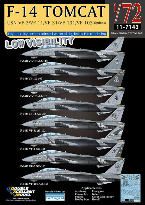 DXM 11-7143 1/72 US Navy F-14B/D Tomcat (VF-2/VF-11/VF-31/VF-101/VF-103) Low-Visibility Markings – Cartograf Decals (For Hasegawa, Fujimi, Academy, Great Wall, Revell, and HobbyBoss)