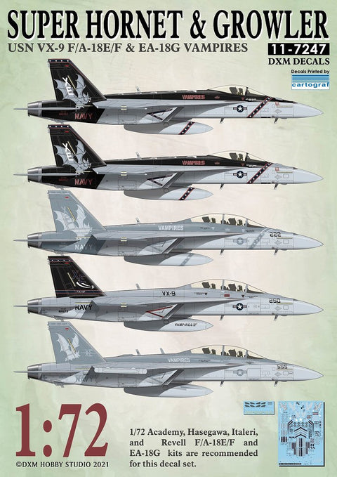 DXM 11-7247 1/72 US Navy F/A-18E/F & EA-18G VX-9 Vampires – Cartograf Decals (For Hasegawa, Revell, Academy, Italeri, and Tamiya)