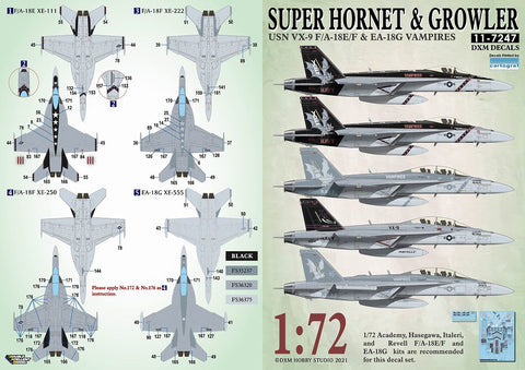 DXM 11-7247 1/72 US Navy F/A-18E/F & EA-18G VX-9 Vampires – Cartograf Decals (For Hasegawa, Revell, Academy, Italeri, and Tamiya)
