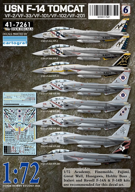 DXM 41-7261 1/72 US Navy F-14A VF-2/VF-33/VF-101/VF-102/VF-201 F-14 Tomcat Collection #6 (For Academy, Fine Molds, Fujimi, Great Wall, Hasegawa, HobbyBoss, Italeri, and Revell)