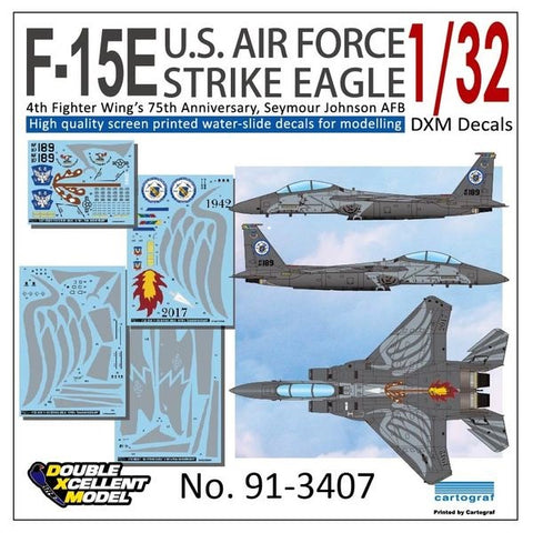 DXM 91-3407 1/32 US Air Force McDonnell Douglas F-15E Strike Eagle, 4th Fighter Wing 75th Anniversary Livery (For Tamiya and Revell)