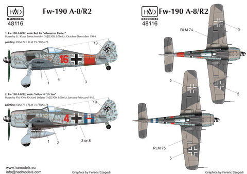 HAD Models 48116 1/48 Fw-190 A-8 / R2 red 4 ”Ur Sau”; Red16 ”Schwarzer Panter”) decal Sheet