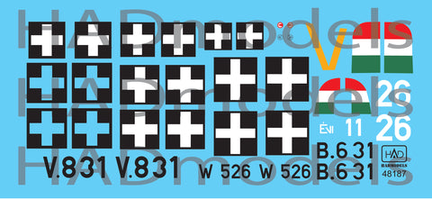 HAD Models 48187 1/48 FW 190 F-8 Bf 109 G-6 Ju-87 D-5 (V8+31, B6+31 ?vi, W+526) decal sheet