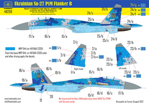 HAD Models 48259 1/48 Ukrainian Su-27 P1M Flanker B Digit Camouflage decal sheet REPRINT 2024