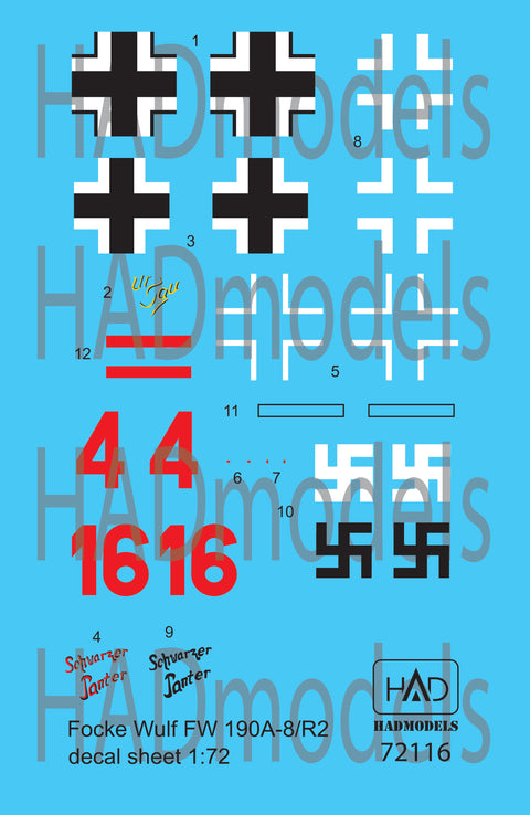 HAD Models 72116 1/72 Fw 190 A-8 /R2 (ur Sau red 16, red 4 Schwarzer panter) decal sheet