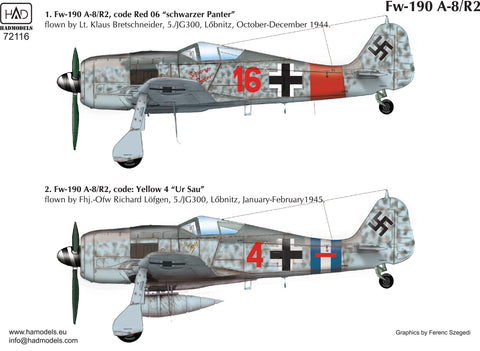 HAD Models 72116 1/72 Fw 190 A-8 /R2 (ur Sau red 16, red 4 Schwarzer panter) decal sheet