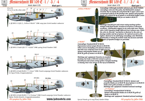 HAD Models 72149 1/72 Me Bf 109 E1/3/4 (Kieki, Grace, Fortuna, Motti) decal sheet