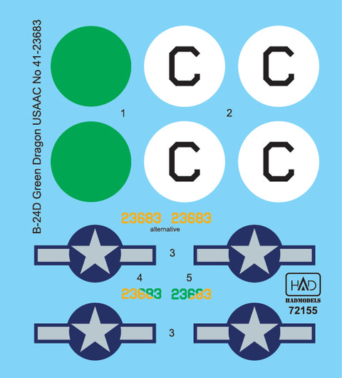 HAD Models 72155 1/72 B-24D Green Dragon USAF decal sheet