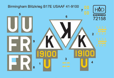 HAD Models 72158 1/72 B-17E Birmingham Blitzkrieg USAAF decal sheet