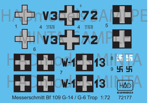 HAD Models 72177 1/72 Messerschmitt Bf 109 G-14 / G-6 Trop( HUN V3+72; W-1+13) decal