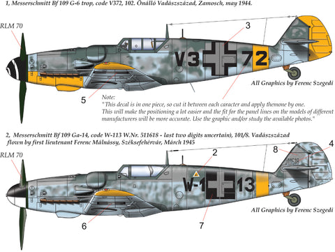 HAD Models 72177 1/72 Messerschmitt Bf 109 G-14 / G-6 Trop( HUN V3+72; W-1+13) decal