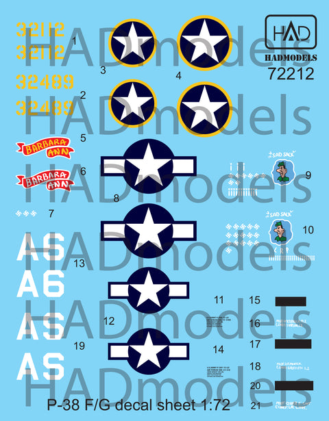 HAD Models 72212 1/72 P-38 F/G ” Over Europe” decal sheet