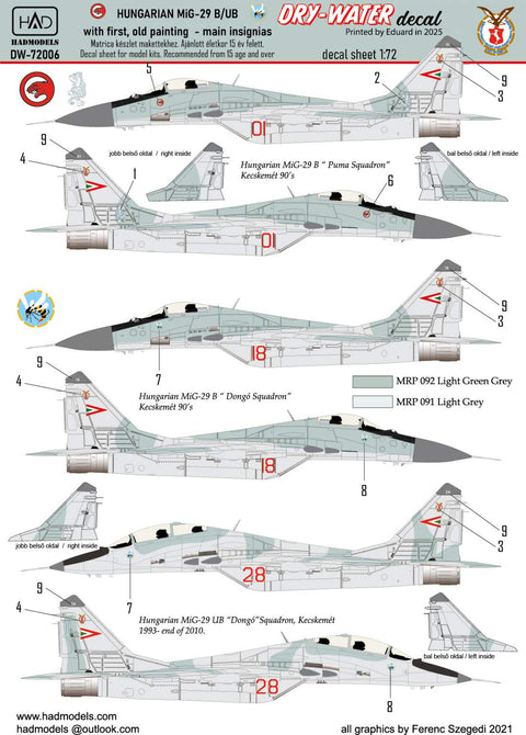 HAD Models DW-72006 1/72 MiG-29 B / UB HunAF old painting decal sheet