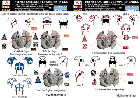 HAD Models E321008 1/32 F-14A/D helmet and dress sewing markings VF-143 VF-213 VF-41 decal sheet