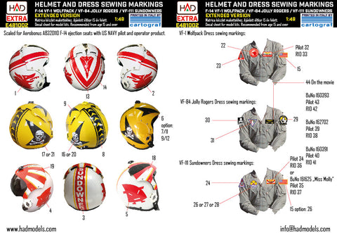 HAD Models E481002 1/48 F-14A Helmet and dress sewing markings EXTENDED Version decal sheet