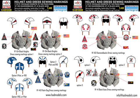 HAD Models E481008 1/48 F-14A/D helmet and dress sewing markings VF-143 VF-213 VF-41 decal sheet