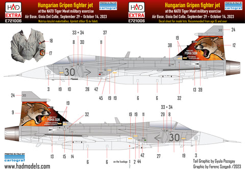 HAD Models E721006 1/72 JAS-39 Gripen Tigermeet 2023 HUNAF decal sheet