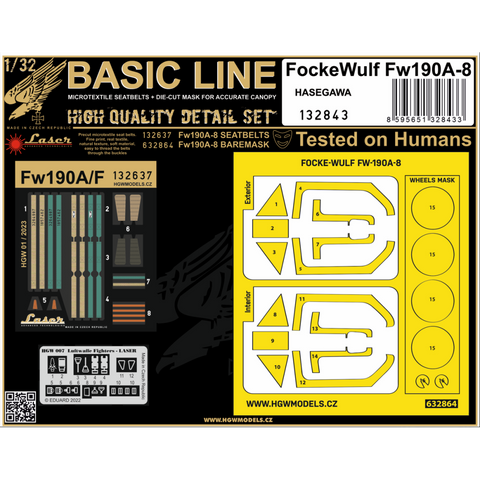 HGW Models 132843 1/32 Focke-Wulf Fw190A/F-8 BASIC LINE: seatbelts + masks | Hasegawa