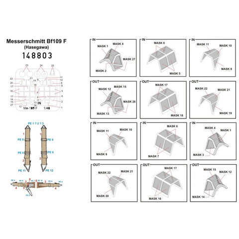 HGW Models 148803 1/48 Messerschmitt Bf 109F BASIC LINE: seatbelts + masks | Hasegawa
