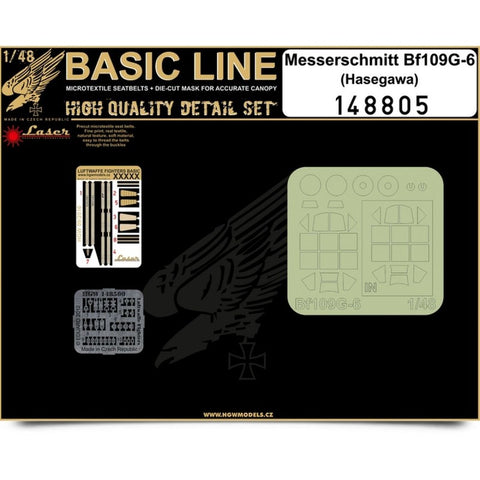 HGW Models 148805 1/48 Messerschmitt Bf 109G-6 BASIC LINE: seatbelts + masks | Hasegawa