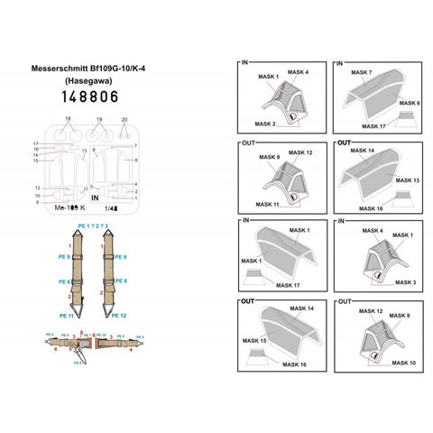 HGW Models 148806 1/48 Messerschmitt Bf 109G-10/K-4 BASIC LINE: seatbelts + masks | Hasegawa