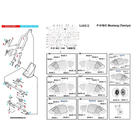 HGW Models 148812 1/48 P-51 MUSTANG BASIC LINE: seatbelts + masks | Tamiya