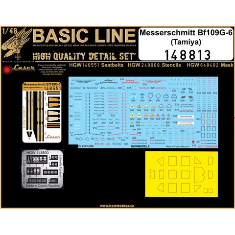 HGW Models 148813 1/48 Messerschmitt Bf 109G-6 BASIC LINE: seatbelts + masks | Tamiya