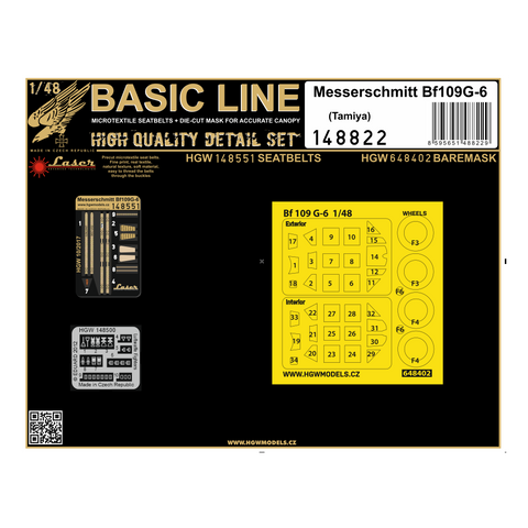 HGW Models 148822 1/48 Messerschmitt Bf109G-6 BASIC LINE: seatbelts + masks | Tamiya