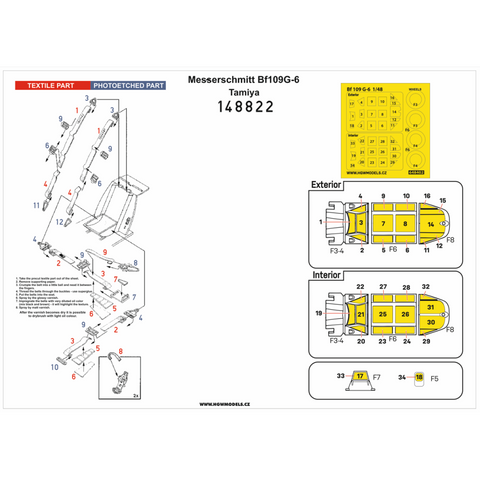HGW Models 148822 1/48 Messerschmitt Bf109G-6 BASIC LINE: seatbelts + masks | Tamiya