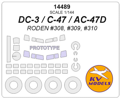 KV Models 14489 1/144 DC-3 / C-47 / AC-47D (RODEN #308, #309, #310) + prototype mask and masks for wheels (For RODEN)