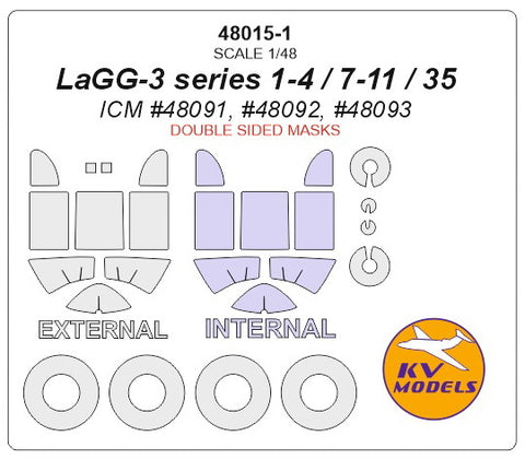 KV Models 48015-1 1/48 LAGG-3 series 1-4 , 7-11, 35 (ICM #48091, #48092, #48093 / MODELIST #204812) - Double sided + wheels masks (For ICM / MODELIST)