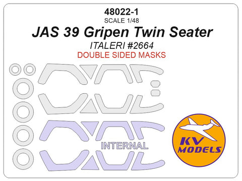 KV Models 48022-1 1/48 JAS 39 Gripen Twin Seater (ITALERI #2664) - Double sided + wheels masks (For ITALERI)