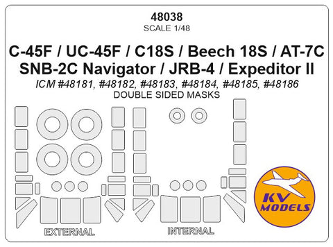 KV Models 48038 1/48 C-45F / UC-45F / C18S / Beech 18S / AT-7C / SNB-2C Navigator / JRB-4 / Expeditor II (ICM #48181, #48182, #48183, #48184, #48185, #48186 / REVELL #03966) - (Double sided) + wheels masks (For ICM / Revell)