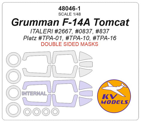 KV Models 48046-1 1/48 Grumman F-14A Tomcat (ITALERI #2667, #0837, #837 / Platz #TPA-01, #TPA-10, #TPA-16) - Double sided + wheels masks (For ITALERI / Platz)
