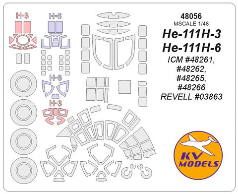 KV Models 48056 1/48 He-111H-3 / H-6 (ICM #48261, #48262, #48265, #48266 / REVELL #03863) + wheels masks (For ICM / REVELL)