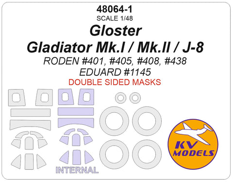 KV Models 48064-1 1/48 Gloster Gladiator Mk.I / Mk.II / J-8 (RODEN #401, #405, #408, #438 / EDUARD #1145) - (Double-sided) + wheels masks (For RODEN / EDUARD)