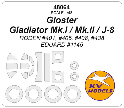 KV Models 48064 1/48 Gloster Gladiator Mk.I / Mk.II / J-8 (RODEN #401, #405, #408, #438 / EDUARD #1145) + wheels masks (For RODEN / EDUARD)