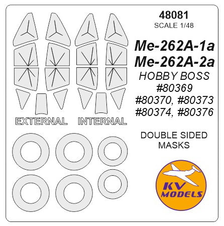 KV Models 48081 1/48 Me-262A-1a / Me-262A-1a/U1 / Me-262A-1a/U2 / Me-262A-1a/U5 / Me-262A-2a (HOBBY BOSS #80369, #80370, #80373, #80374, #80376) - (Double-sided) + wheels masks (For HOBBY BOSS)