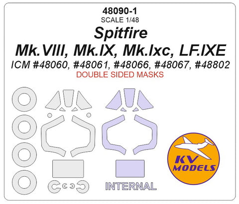 KV Models 48090-1 1/48 Spitfire Mk.VIII, Mk.IX, Mk.Ixc, LF.IXE (ICM #48060, #48061, #48066, #48067, #48802) - (Double sided) + wheels masks (For ICM)