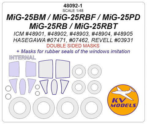 KV Models 48092-1 1/48 MiG-25PD / RB / RBТ / BRF / BM (ICM #48901, #48902, #48903, #48904, #48905 / HASEGAWA #07471, #07462 / REVELL #03931) - (double sided) + wheels masks (For ICM / REVELL / HASEGAWA)
