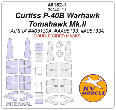 KV Models 48152-1 1/48 Curtiss P-40B Warhawk / Tomahawk Mk.II (AIRFIX #A05130A, #AA05133, #A05133A) - (Double-sided) + wheels masks (For AIRFIX)