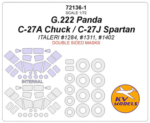 KV Models 72136-1 1/72 G.222 Panda / C-27A Chuck / C-27J Spartan / (ITALERI #1284, #1311, #1402) - Double sided + wheels masks (For ITALERI)