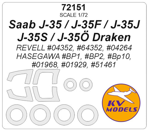 KV Models 72151 1/72 Saab J-35 / J-35F / J-35J / J-35S / J-35Ö Draken (REVELL #04352, #64352, #04264 / HASEGAWA #BP1, #BP2, #BP10, #01968, #01929, #51461) + masks for wheels (For Revell / Hasegawa)
